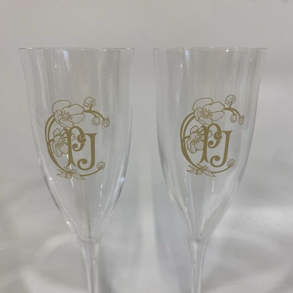 Pair (2) Perrier Jouet Champagne Flutes Glasses Etched Logo - Picture 2 of 7